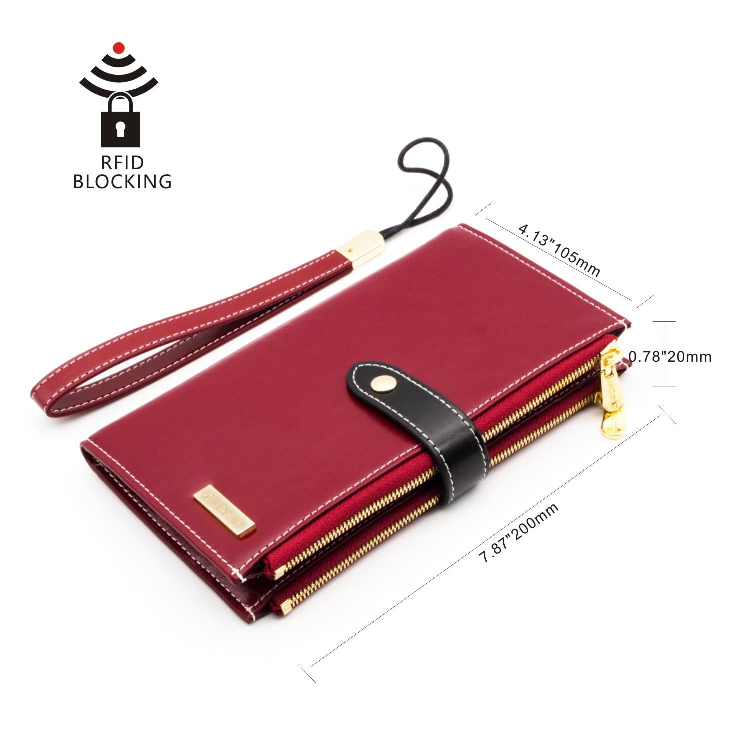 ANDOILT Wallet Women Men RFID Blocking Genuine Leather Bifold Multi Card Organizer Wristlet Purse with Zipper Pocket Cell Phone Handbag Red