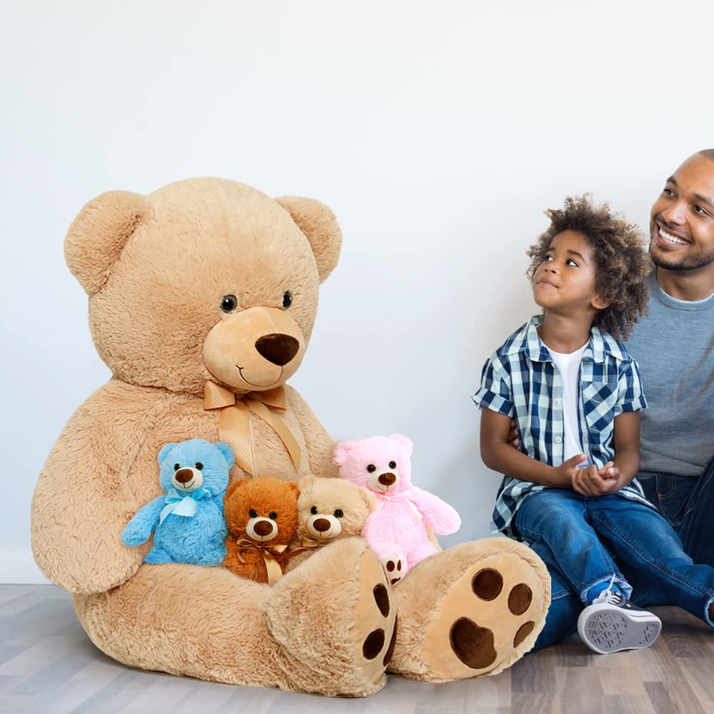 MorisMos Teddy Bear Stuffed Animal 41”,Giant Teddy Bear Plush with 4 Baby Bears in Belly,Big Teddy Bear for Girlfriend,Kids on Baby Shower,Birthday,Valentine's Day,Christmas,Children's Day,Blue,Pink