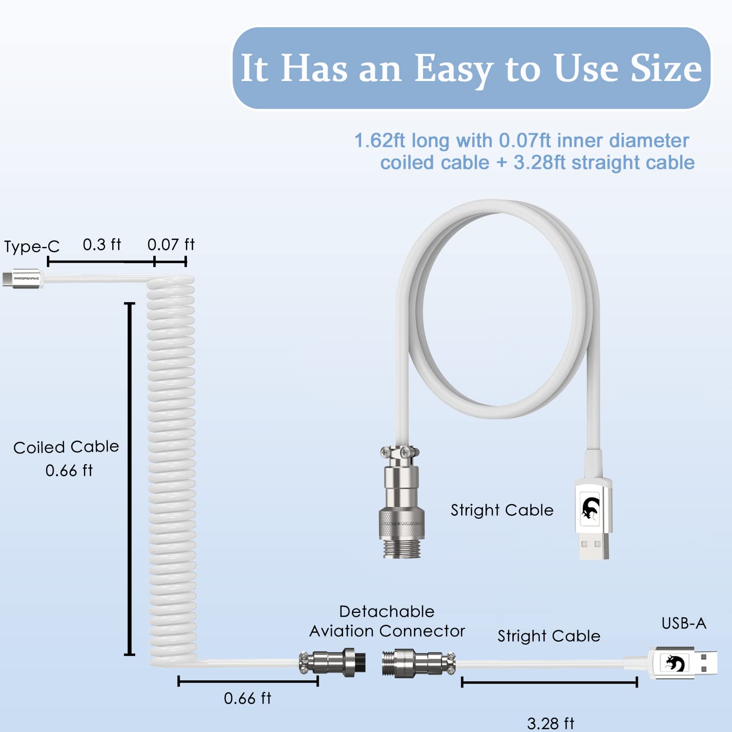 LexonElec Gaming Keyboard Cable, USB-Type C Dual Sleeve Stable Connection Mechanical Keyboard Cable, 2.0M (0.66 ft.) with Detachable Metal Flyer, Not Easy to Knot for PC Gamers(White)