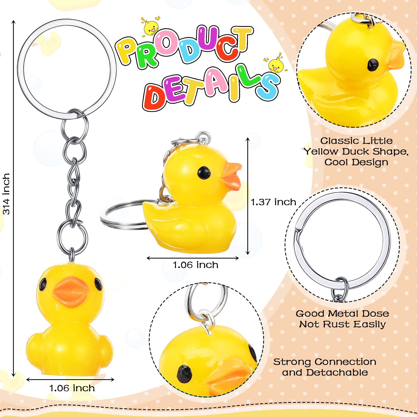 Yoande Plastic Duck Keychains Duck Party Favors Cute 3D Duck Chains Small Ducky Pendant Accessories for Birthday Party Baby Shower (Multi Color, 48 Pack)