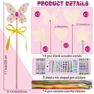 WUBOMJIO Princess Fairy Wands Craft Kit, Kid Birthday Party Supplies Make Your Own Magic Wands Include Unfinished Wooden Fairy Wands, Gem Stickers, Ribbons, Ideal Gift for Kids 6+(14 PCS)