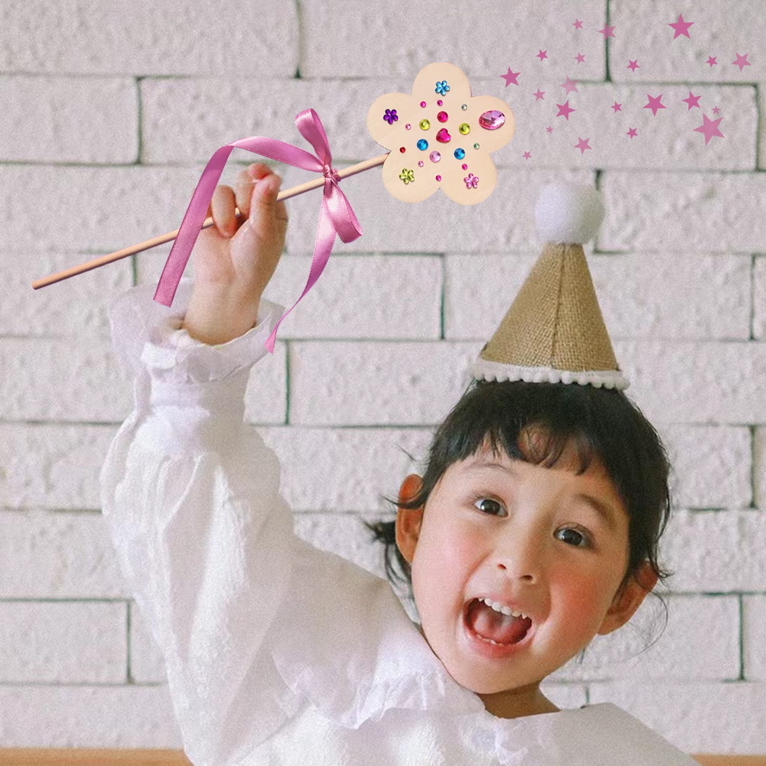 WUBOMJIO Princess Fairy Wands Craft Kit, Kid Birthday Party Supplies Make Your Own Magic Wands Include Unfinished Wooden Fairy Wands, Gem Stickers, Ribbons, Ideal Gift for Kids 6+(14 PCS)