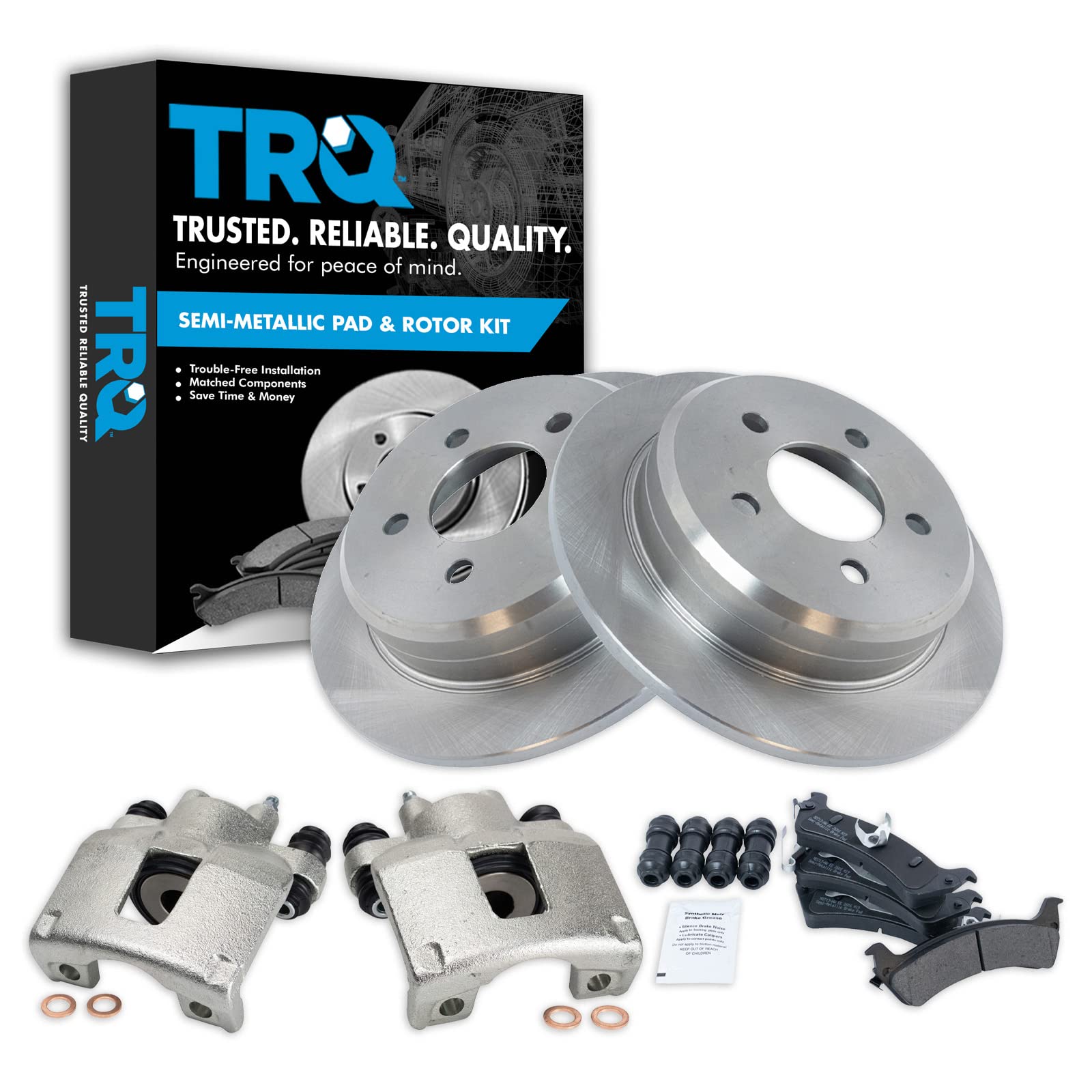 TRQ Rear Brake Pad & Rotor Kit Brake Caliper Brake Pads Brake Rotor Semi-Metallic Solid Compatible with 1995-1998 Jeep Grand Cherokee