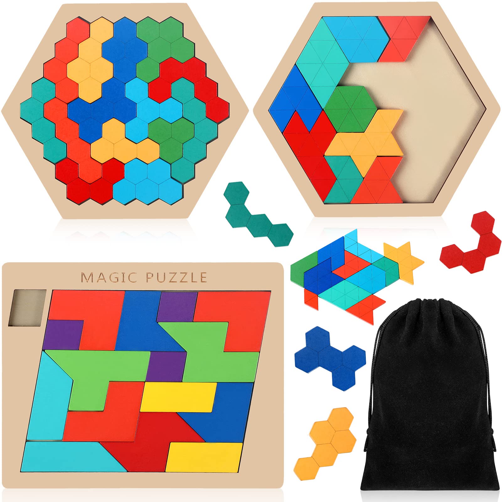 3 Pack Hexagon Wooden Puzzle Wood Russian Blocks Tangram Puzzle Brain Teaser Puzzles Geometric Jigsaw Block Russian Blocks Logic IQ STEM Montessori Toy for All Ages Kid Adult Intelligence (Fancy)