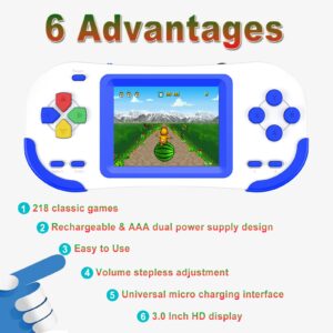 Douddy Retro Handheld Game Console for Kids 4-12 with Build in 218 Puzzle Leisure Video Games Rechargeable 3.0'' Screen Electronics Gaming Player Toys Birthday Gift for Boys Girls (Blue)