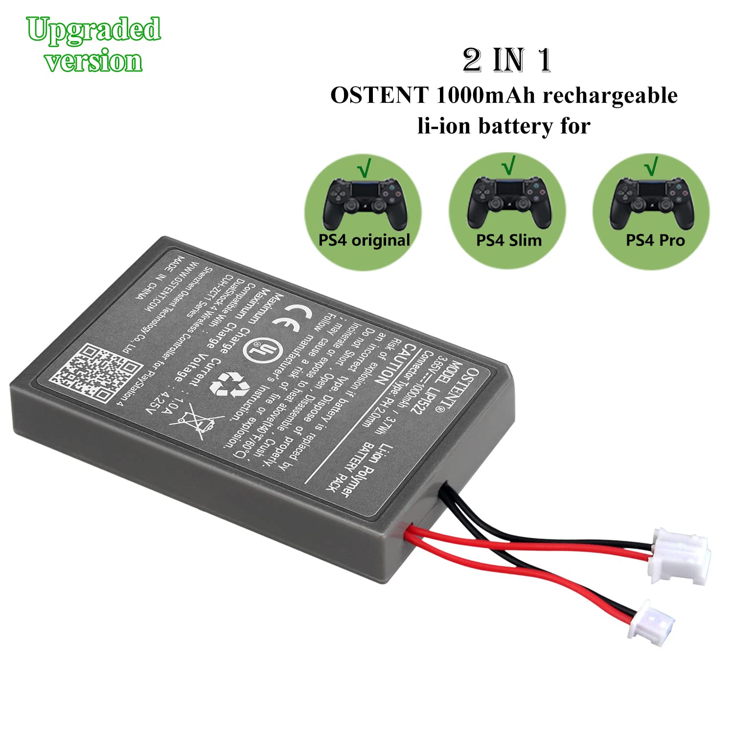 OSTENT 1000mAh 3.65V 3.7Wh Rechargeable Li-ion Battery Pack Replacement for Sony PS4 Original/Pro/Slim Wireless Bluetooth Dual Shock Controller CUH-ZCT1 CUH-ZCT2