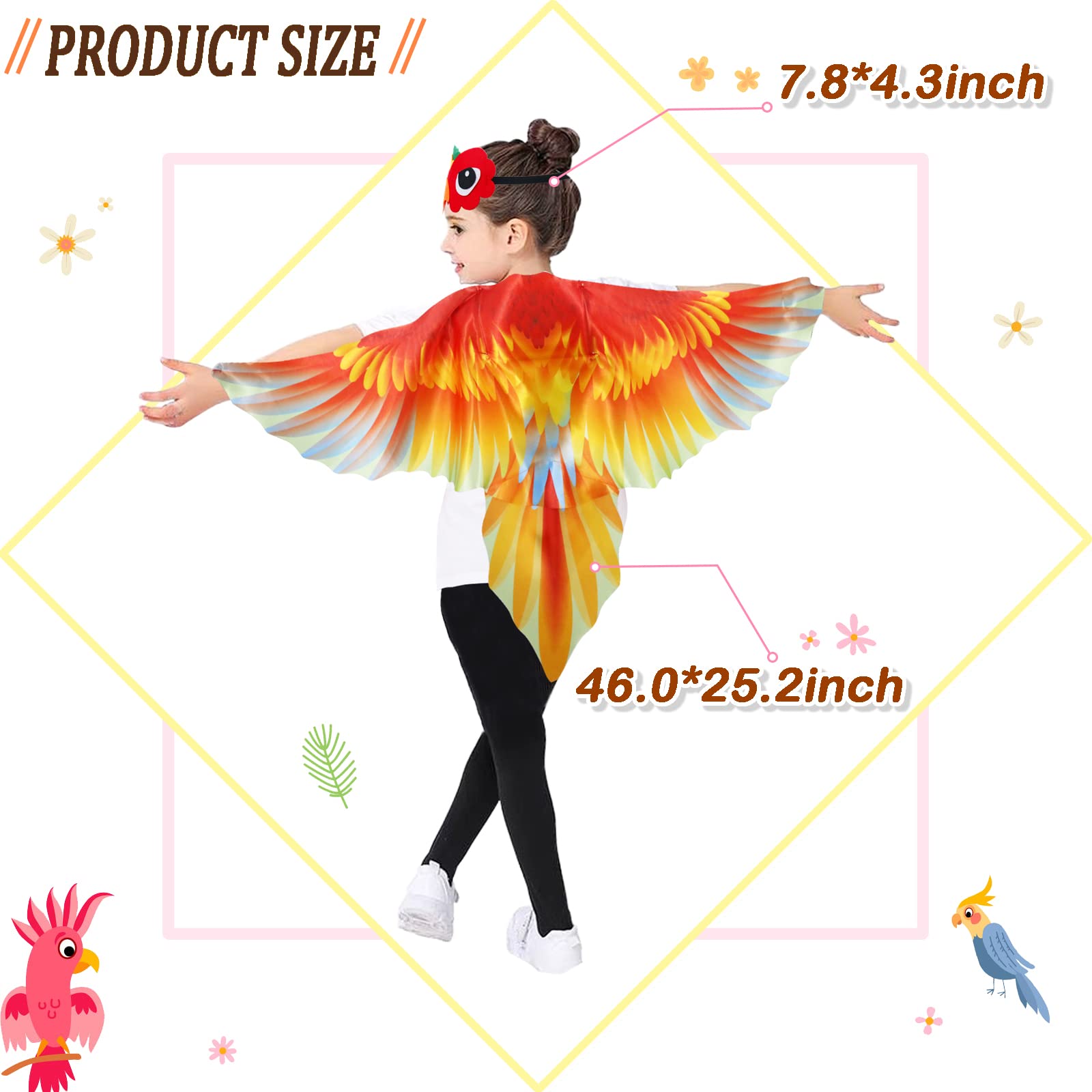 IROLEHOME Bird-Wings-Costume for Kids Dress Up Pretend Play with Bird-Mask, Boys Girls Eagle-Parrot Owl-Costume Halloween Party Favors