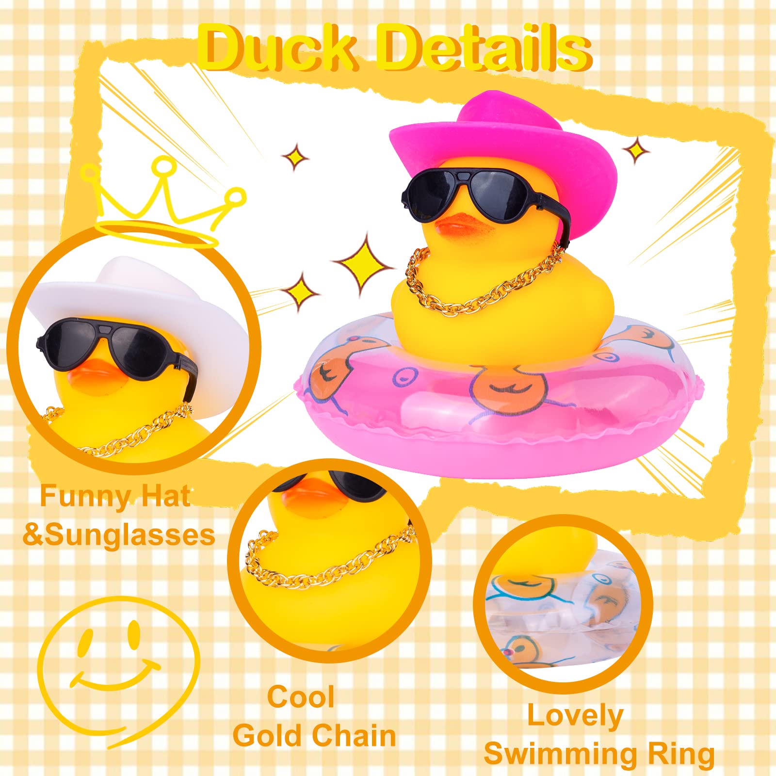 MuMyer Duck Car Dashboard Decorations Rubber Duck Car Ornaments for Car Dashboard Decoration Accessories with Mini Swim Ring Sun Hat Necklace and Sunglasses