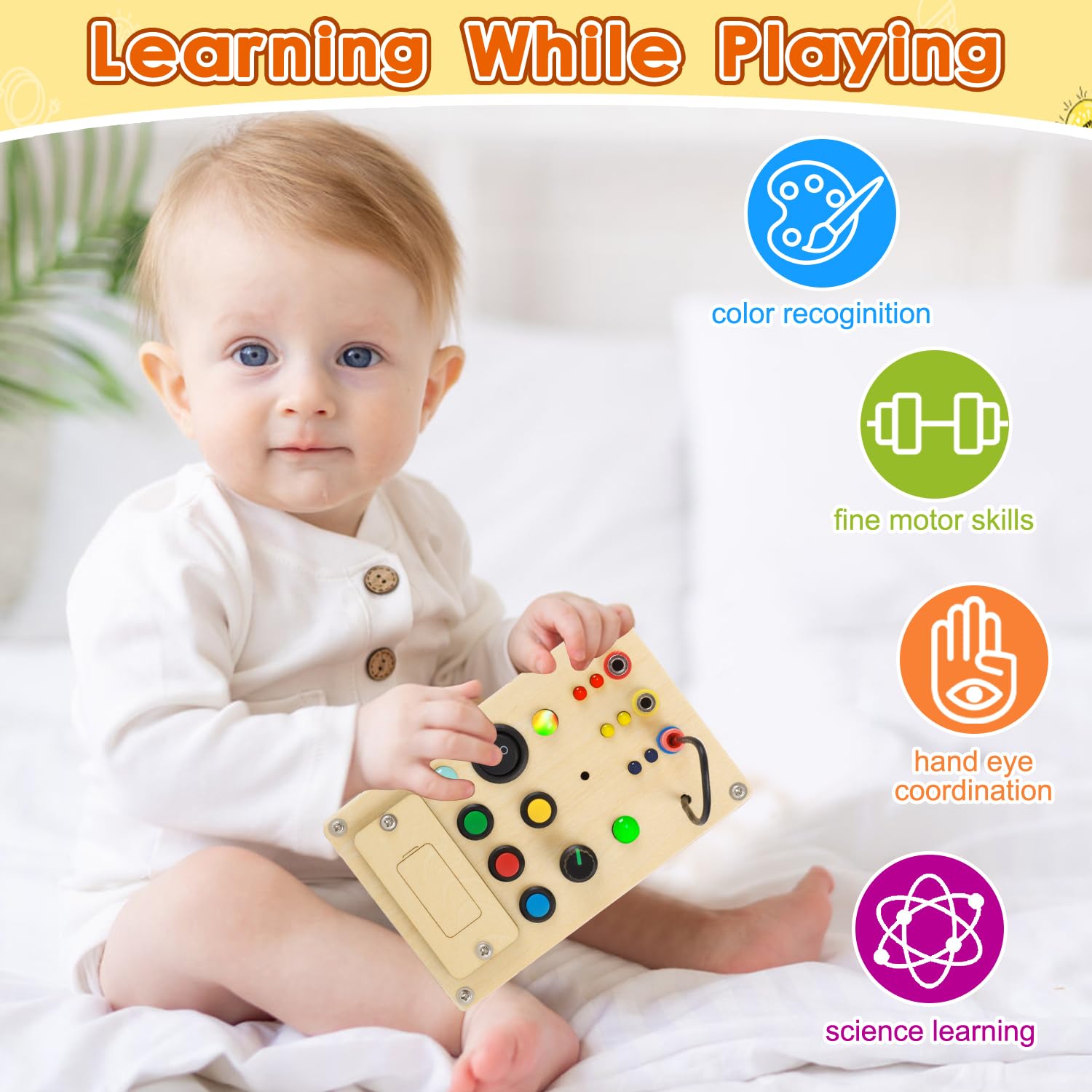 Montessori Busy Board Toddler Toys,Wooden Sensory Toys for Toddlers 1-3 with LED Light Up Buttons Baby Educational Toy Gifts for Kids 2-4 Fidget Toy (pluggable Wire Busy Board)