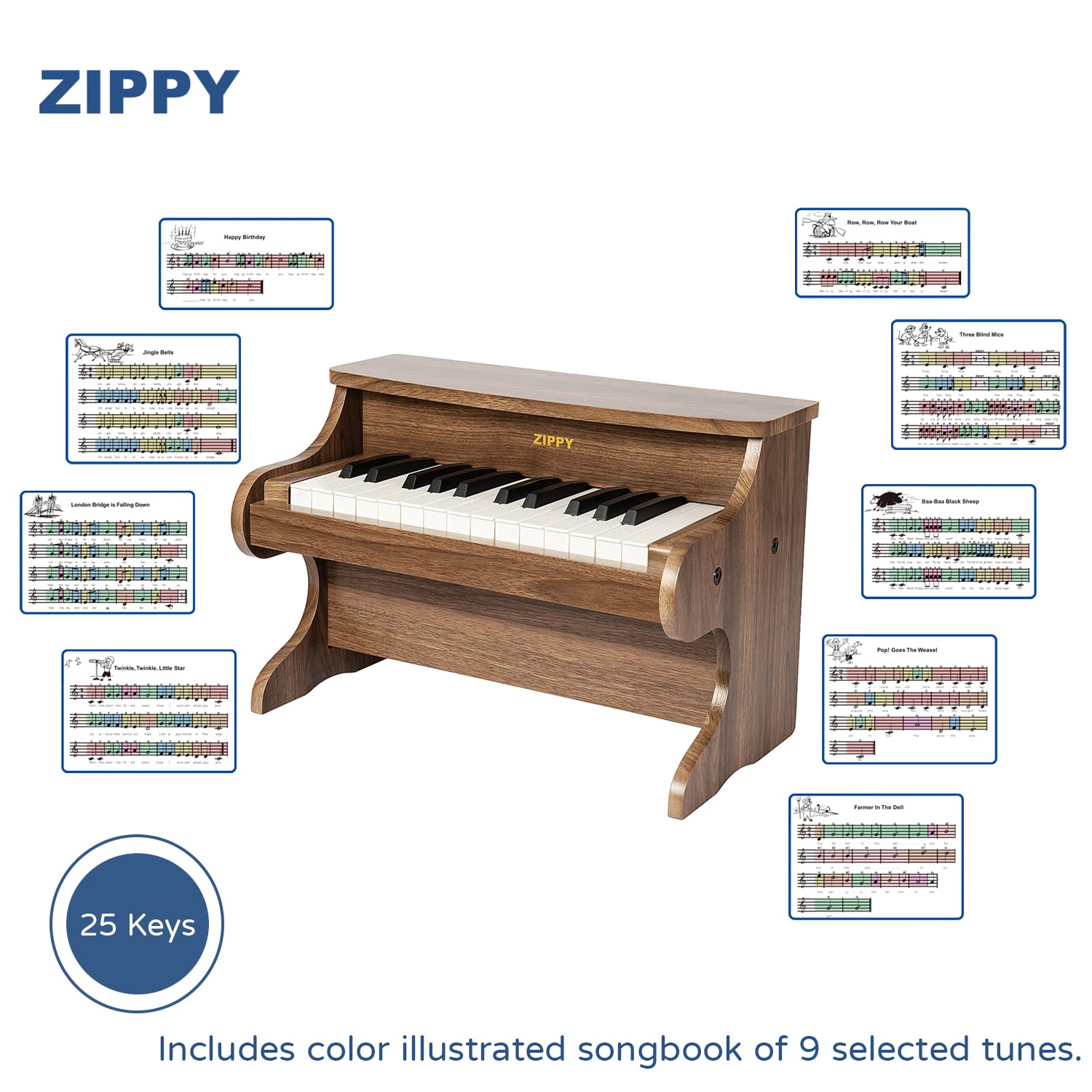 ZIPPY Kids Piano Keyboard, 25 Keys Digital Piano for Kids, Mini Music Educational Instrument Toy, Wood Piano for Toddlers Girls Boys, Walnut