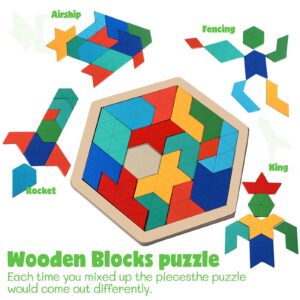 3 Pack Hexagon Wooden Puzzle Wood Russian Blocks Tangram Puzzle Brain Teaser Puzzles Geometric Jigsaw Block Russian Blocks Logic IQ STEM Montessori Toy for All Ages Kid Adult Intelligence (Fancy)