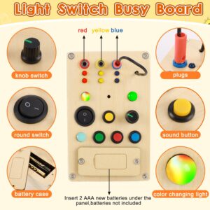 Montessori Busy Board Toddler Toys,Wooden Sensory Toys for Toddlers 1-3 with LED Light Up Buttons Baby Educational Toy Gifts for Kids 2-4 Fidget Toy (pluggable Wire Busy Board)