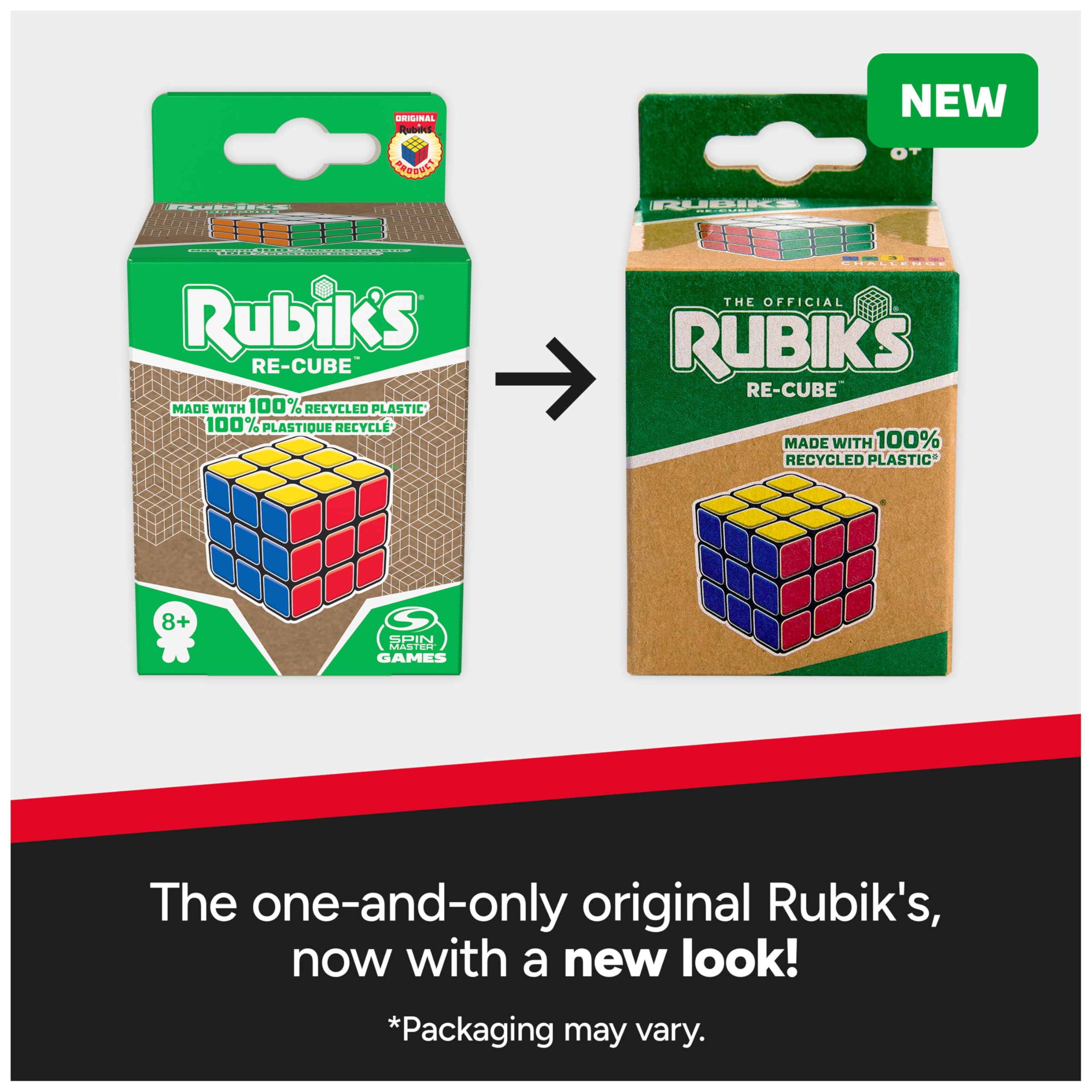 Rubik's Cube, Re-Cube, The Original 3x3 Cube Made with 100% Recycled Plastic 3D Puzzle Fidget Cube Stress Relief Travel Game, for Ages 8+