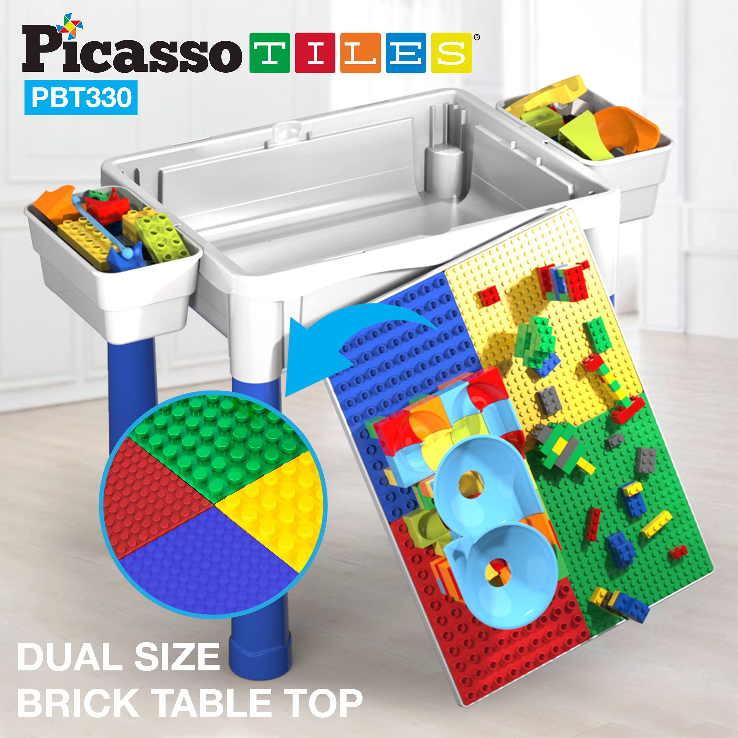 PicassoTiles Activity Center Table + 63 Piece Magnetic Building Tiles, 331pc Dual Size Building Blocks Play Table & Study Desk, Sandbox Water Tight Container Storage, 2 Character Figures 9 Tile Styles