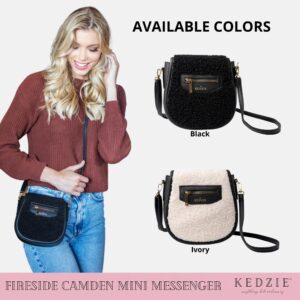 KEDZIE Crossbody Bag for Women Fireside Camden Mini Messenger in Vegan Leather Faux Shearling Handbag Shoulder Bag with Adjustable Strap - Ivory