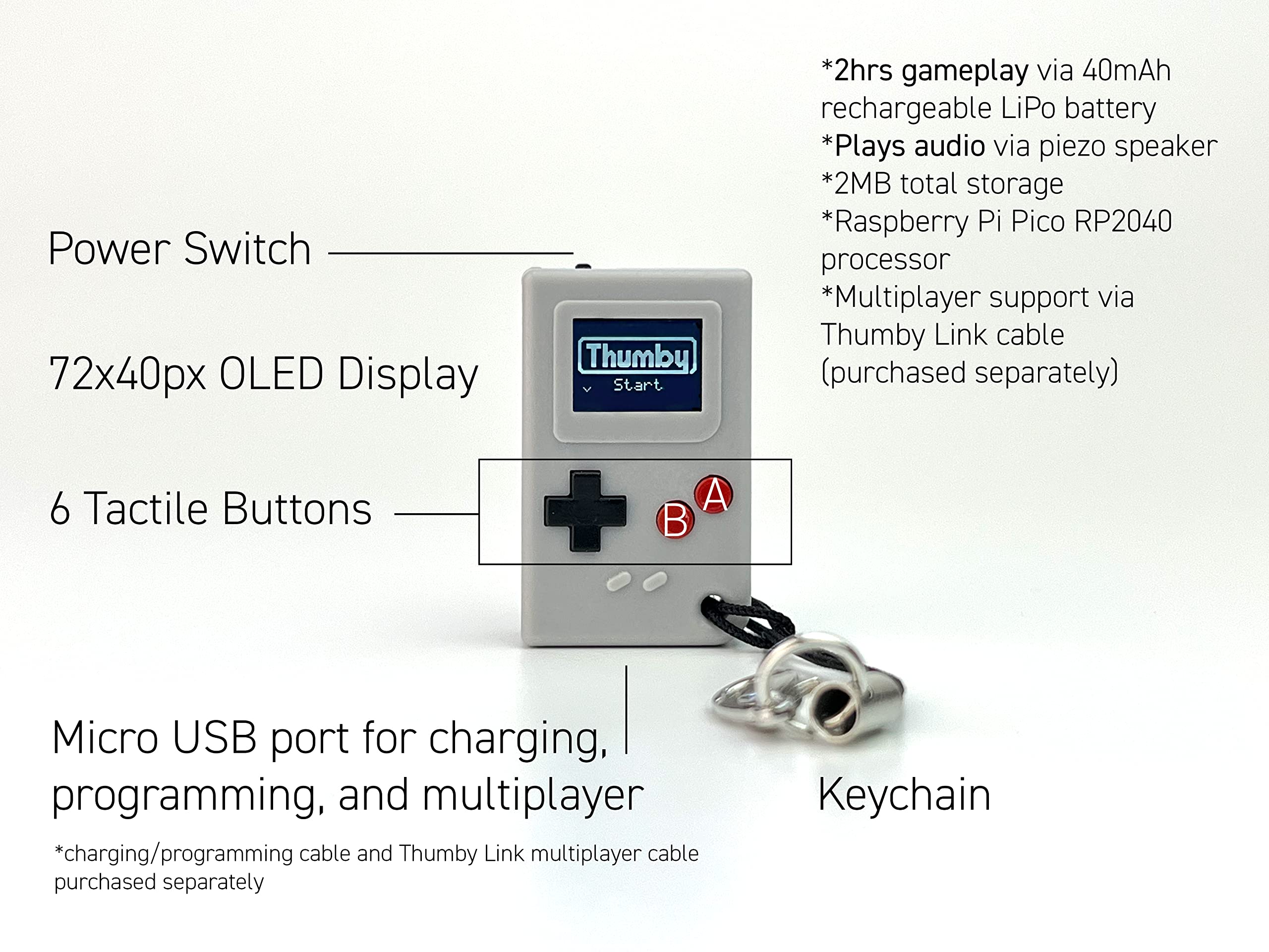 TinyCircuits Thumby (Gray), Tiny Game Console, Playable Programmable Keychain: Electronic Miniature, STEM Learning Tool