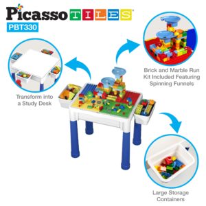 PicassoTiles Activity Center Table + 63 Piece Magnetic Building Tiles, 331pc Dual Size Building Blocks Play Table & Study Desk, Sandbox Water Tight Container Storage, 2 Character Figures 9 Tile Styles