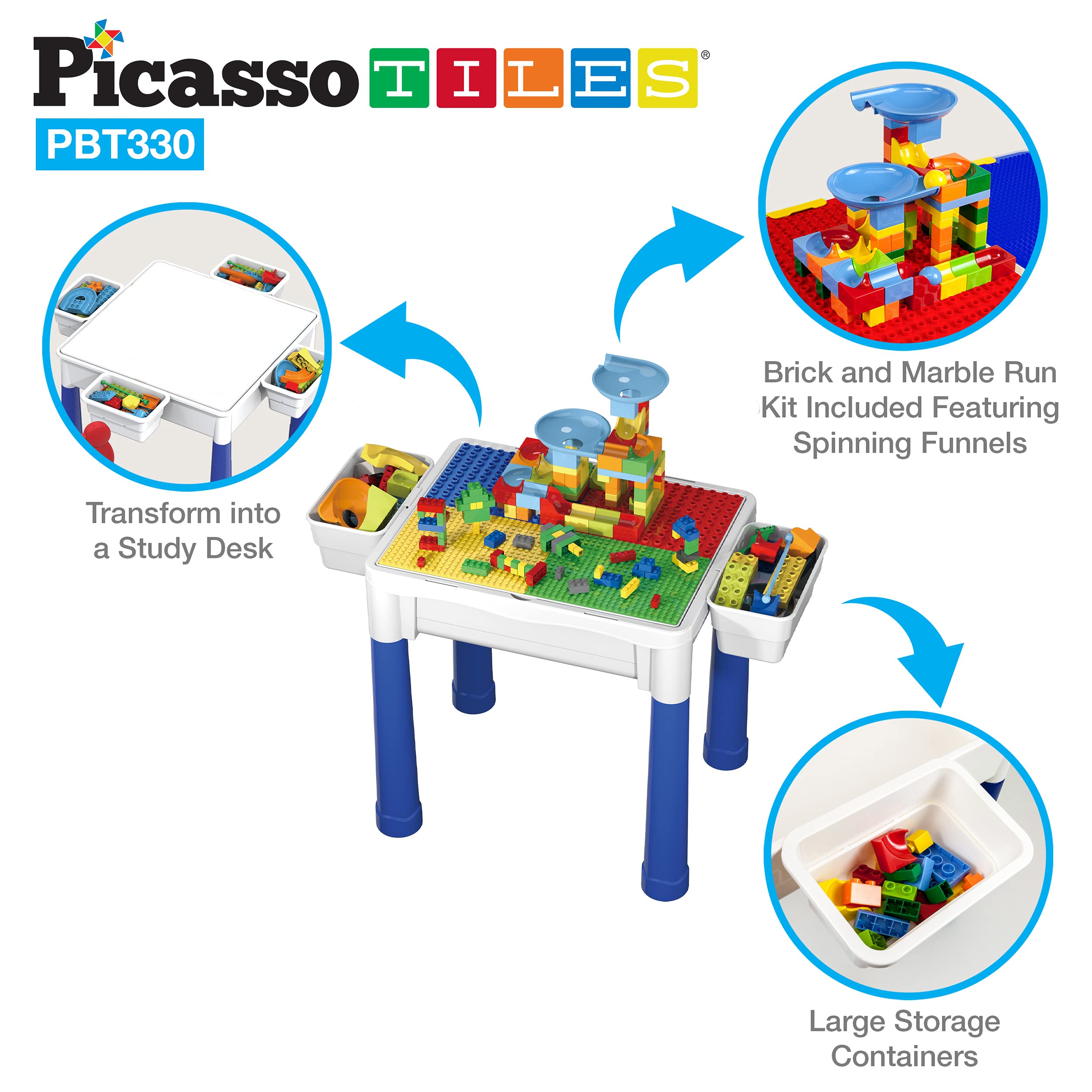 PicassoTiles Activity Center Table + 63 Piece Magnetic Building Tiles, 331pc Dual Size Building Blocks Play Table & Study Desk, Sandbox Water Tight Container Storage, 2 Character Figures 9 Tile Styles