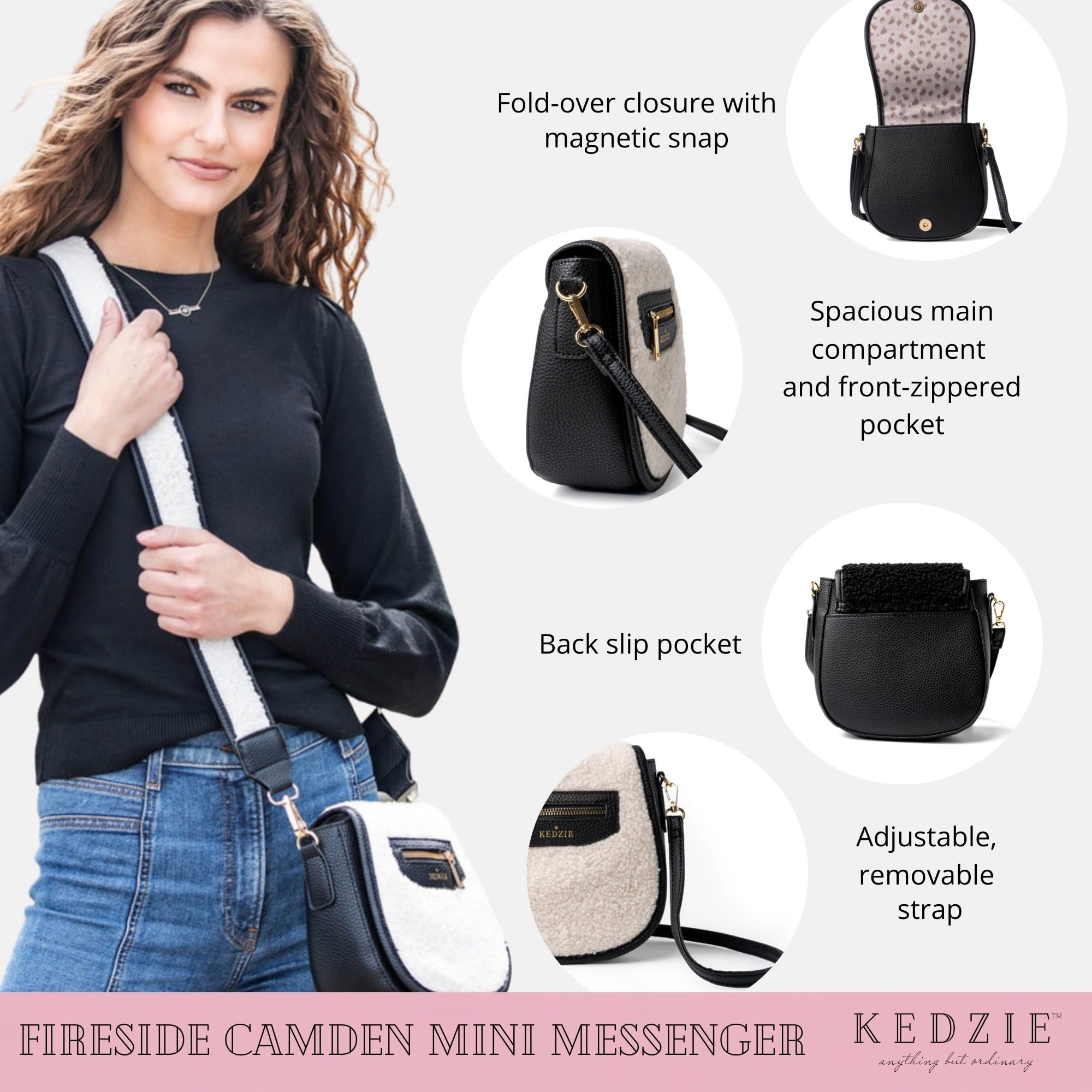 KEDZIE Crossbody Bag for Women Fireside Camden Mini Messenger in Vegan Leather Faux Shearling Handbag Shoulder Bag with Adjustable Strap - Ivory