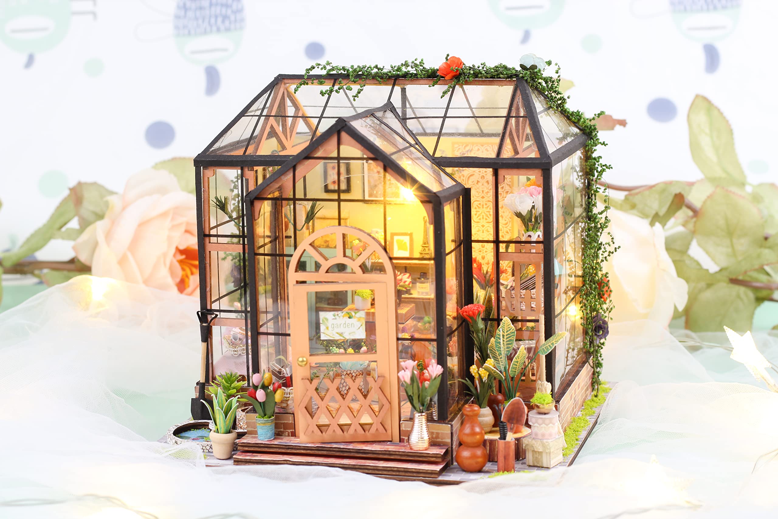 GuDoQi DIY Miniature Dollhouse Kit, Tiny House kit with Furniture, Miniature House Kit 1:24 Scale, Handmade Gift for Birthday Christmas Day, Jenny Greenhouse Flower Shop