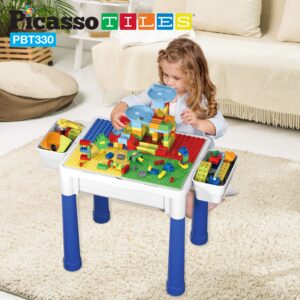 PicassoTiles Activity Center Table + 63 Piece Magnetic Building Tiles, 331pc Dual Size Building Blocks Play Table & Study Desk, Sandbox Water Tight Container Storage, 2 Character Figures 9 Tile Styles