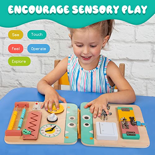 HELLOWOOD 17 for 1 Wooden Busy Board for Kids, Montessori Toys for 2 3 4 Years Old, Eduacational Activity Sensory Board, Multifunctinal Learning Toys for Toddlers Age 2-4, Fine Motor Skill