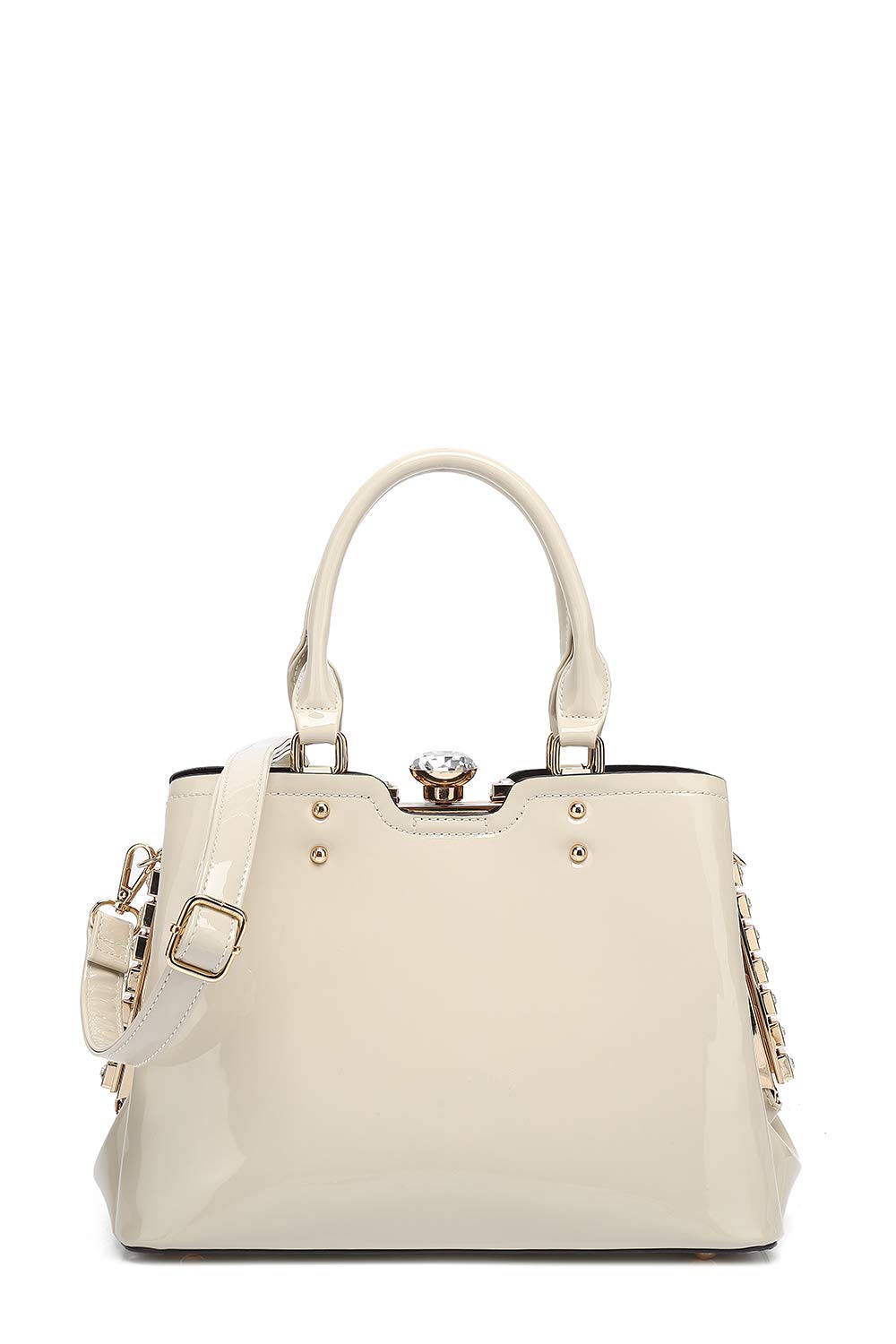 STYLE STRATEGY NEW YORK DOUBLE HANDLE FRAME SATCHEL WITH RHINESTONES PATENT LEATHER (bone)