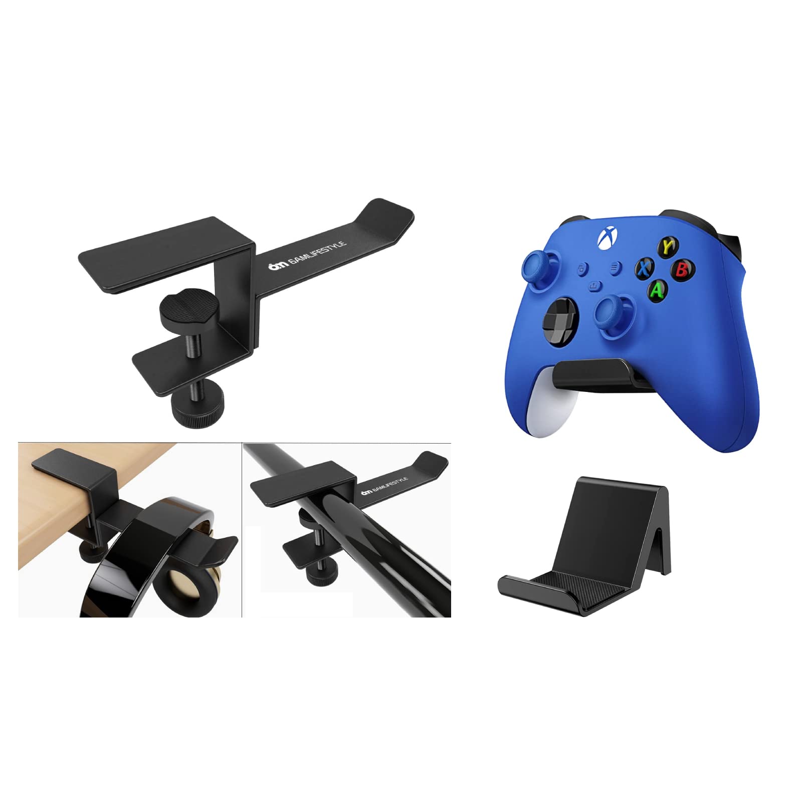 6amLifestyle 2 Pack Controller Holder Stand Built in Anti-Slip Pads for PS5 PS4 Xbox One Switch Pro, Headphone Headset Holder Hanger with Adjustable Clamp