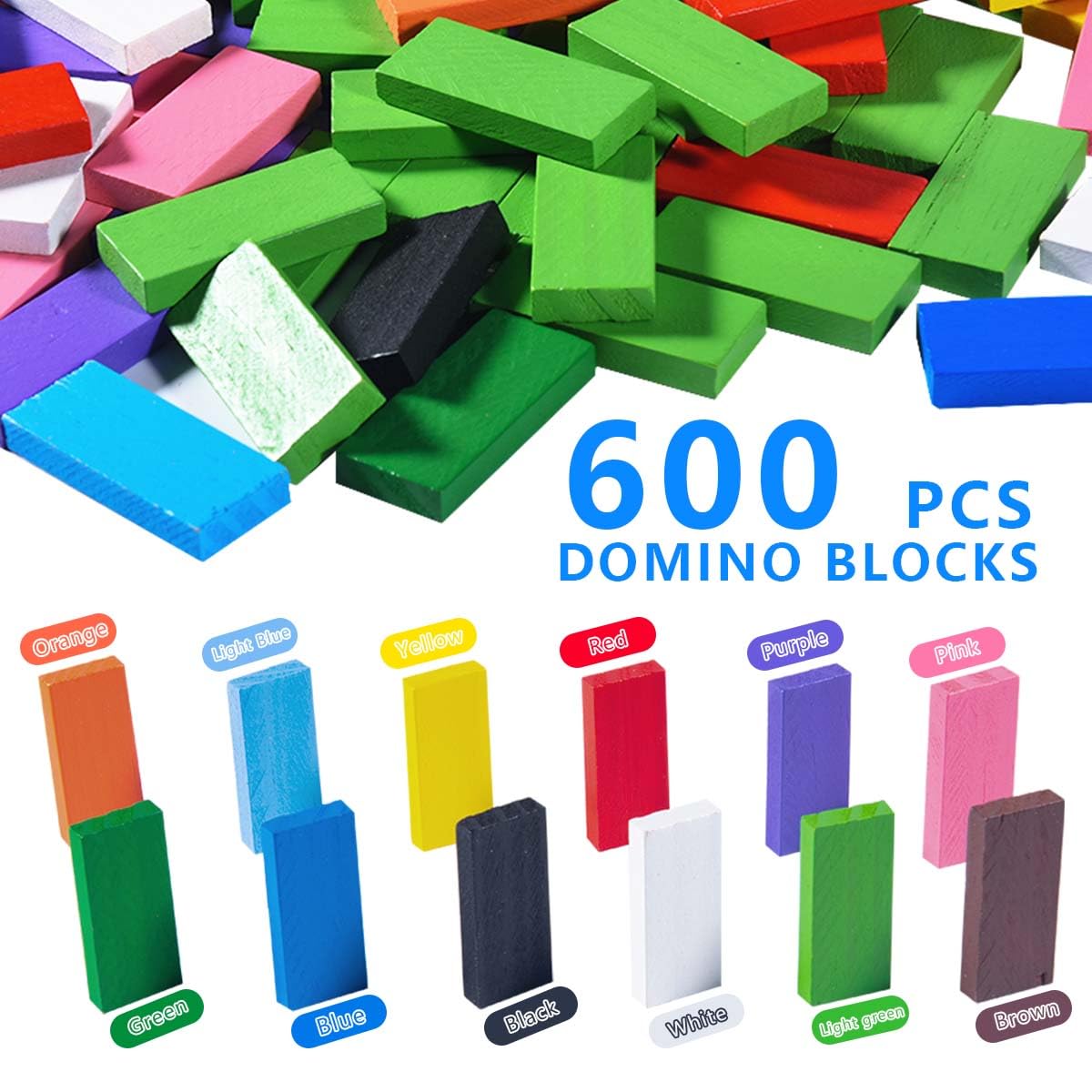 OBTANIM 600 Pcs Colorful Wooden Domino Blocks Set Domino Tile Bulk Building Racing Stacking Games Educational Toys for Kids Birthday Party Favor