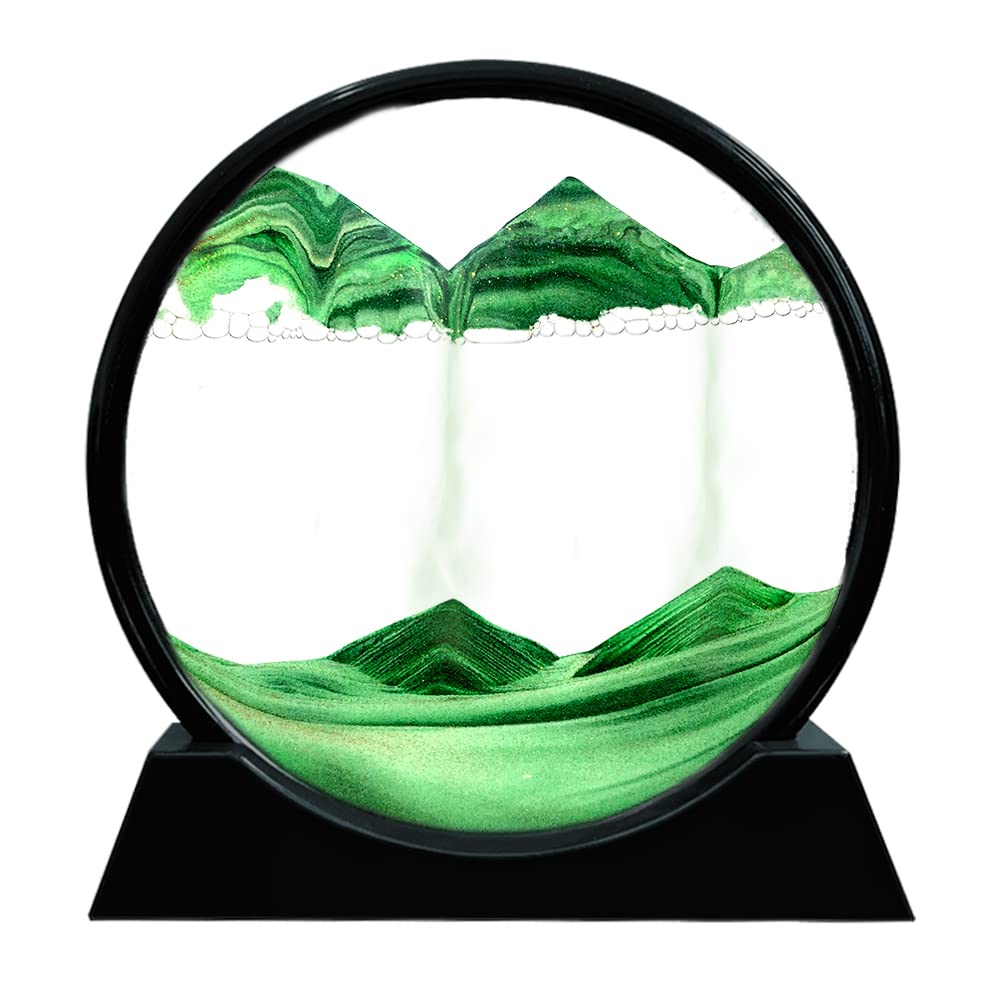 Muyan Moving Sand Art Picture Sandscapes in Motion Round Glass 3D Deep Sea Sand Art for Adult Kid Large Desktop Art Toys (12 Inch, Green)