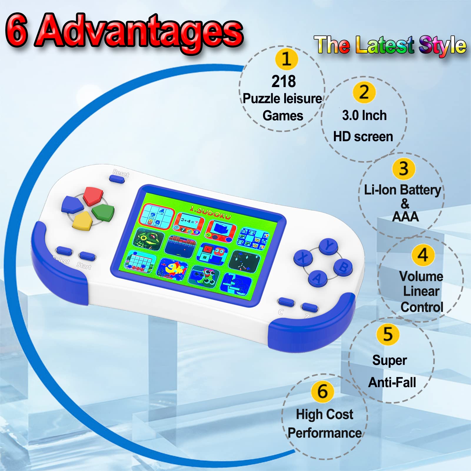 Beijue Handheld Games for Kids Adults 3.0'' Large Screen Preloaded 218 Classic Retro Video Games Seniors Rechargeable Electronic Game Player Birthday Xmas Present (Blue)