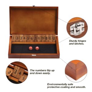 Crobyi Shut The Box Dice Game with 12 Numbers and Lid, Wooden Classic Board Game with 4 Dice, Gift Package & Shut-The-Box Rules, Close The Box Gam for Kids, Adults, Family, Classroom, Home & Pub