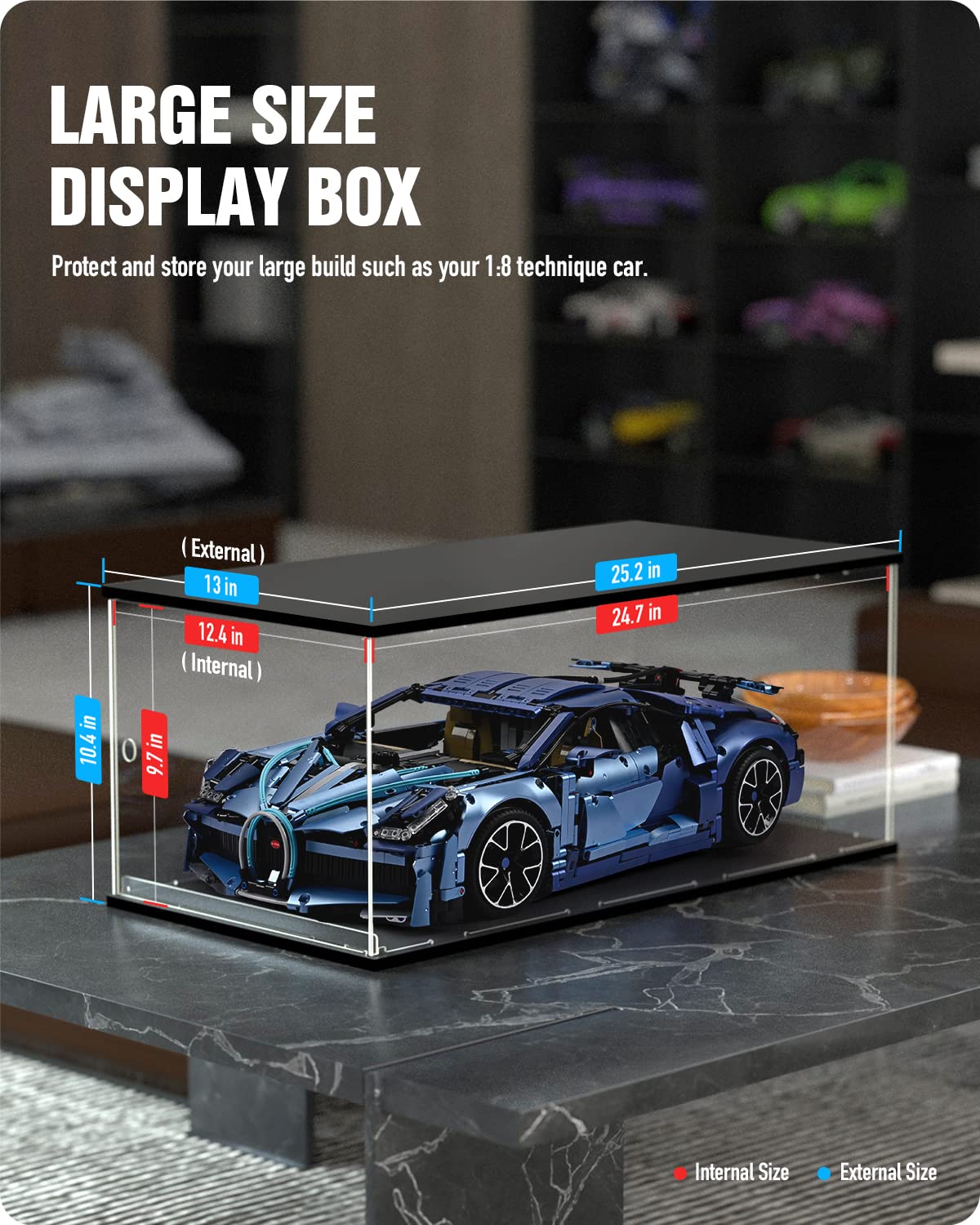 Nifeliz Acrylic Display Box for Scale 1:8 Big Model Cars, Building Toy Car Organizer and Storage, Gifts for Large Car Model Colle ctors (25.2Lx13WX10.4H in)