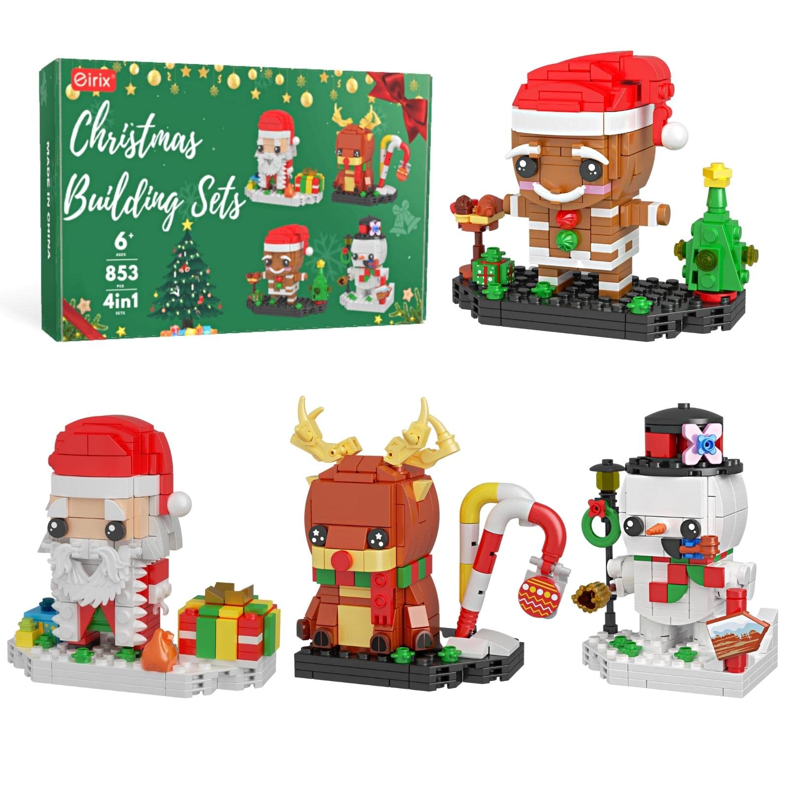 eirix Christmas Building Block Set: Christmas Building Bricks Brickheadz Kit for Kids Ages 6+ and Adults, Xmas Home Decor with Santa Snowman Gingerbread Man and Elk Figures