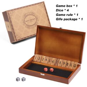 Crobyi Shut The Box Dice Game with 12 Numbers and Lid, Wooden Classic Board Game with 4 Dice, Gift Package & Shut-The-Box Rules, Close The Box Gam for Kids, Adults, Family, Classroom, Home & Pub