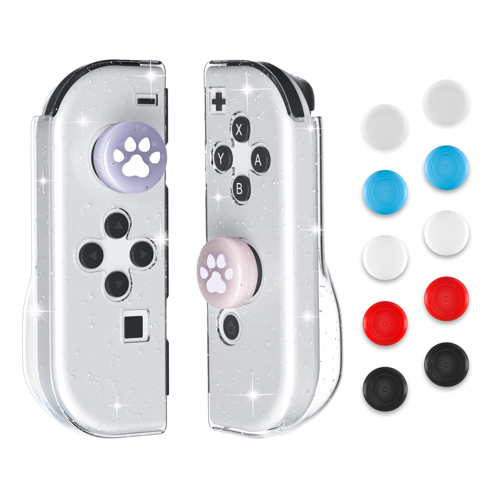 GLDRAM Glitter Case for Nintendo Switch & Switch OLED Joy Con, Soft TPU Joy Con Shell with 12 Thumb Caps, Comfortable Clear Skin Compatible for Joycon Controller, Ergonomic Grip Case Cover