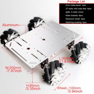 Professional Big Load 4WD 100MM Metal Mecanum Wheels Robot Car Chassis Kit, Smart Moving Omni Robotic Platform with High Torque DC Motor for Arduino Raspberry STEM Remote Control Educational Sciences