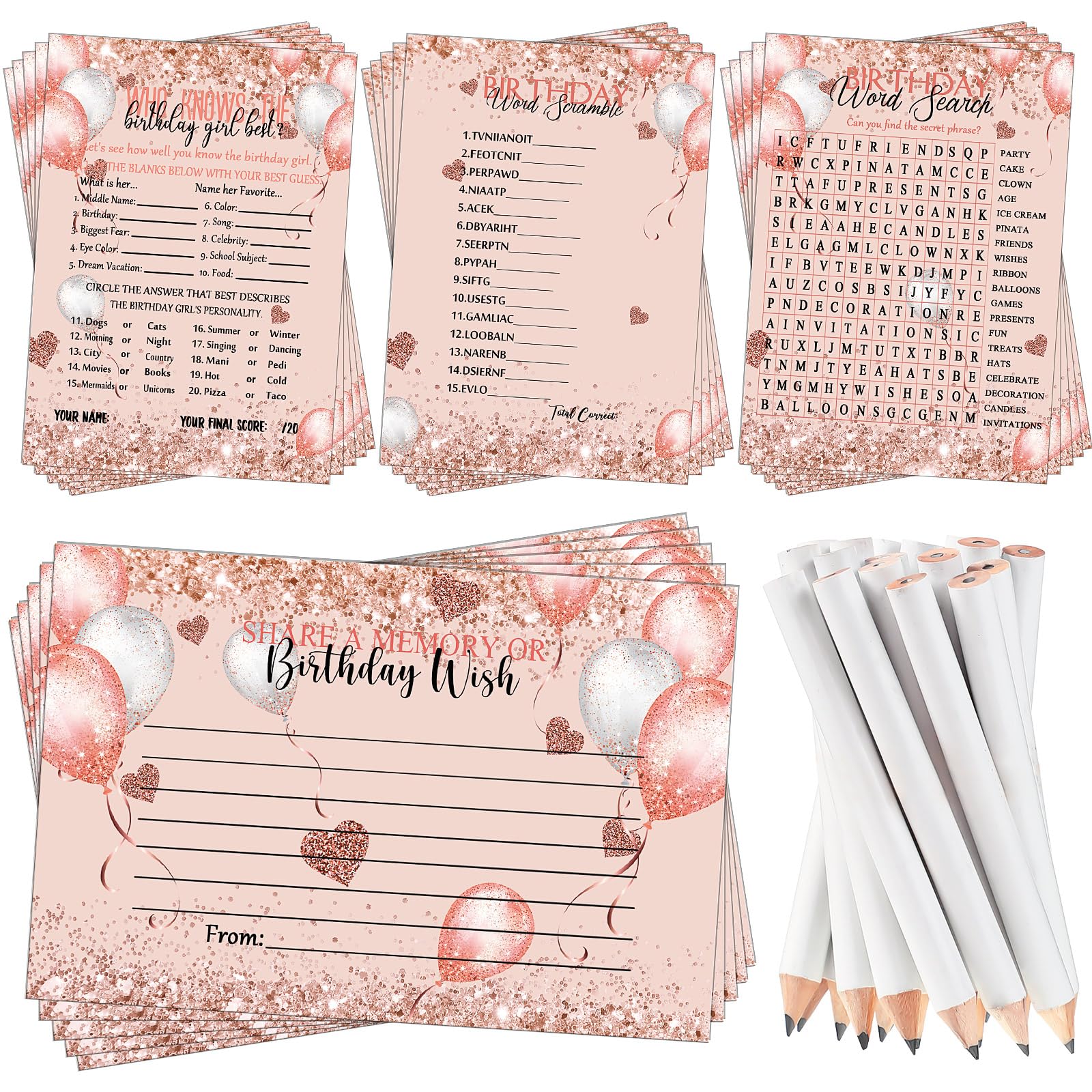 Fumete Birthday Party Games 100 Pcs Who Knows The Birthday Girl Game with 20 Pencils Girly Birthday Cards Set for Child Teen Adults Sweet Sleepover Party Supplies for Girls, 4 Activities (Balloon)