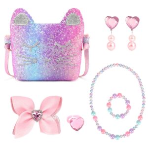 Mibasies Purse for Little Girls Dress Up Jewelry Pretend Play Kids Accessories Gifts Presents (Pink Purple Rainbow1)