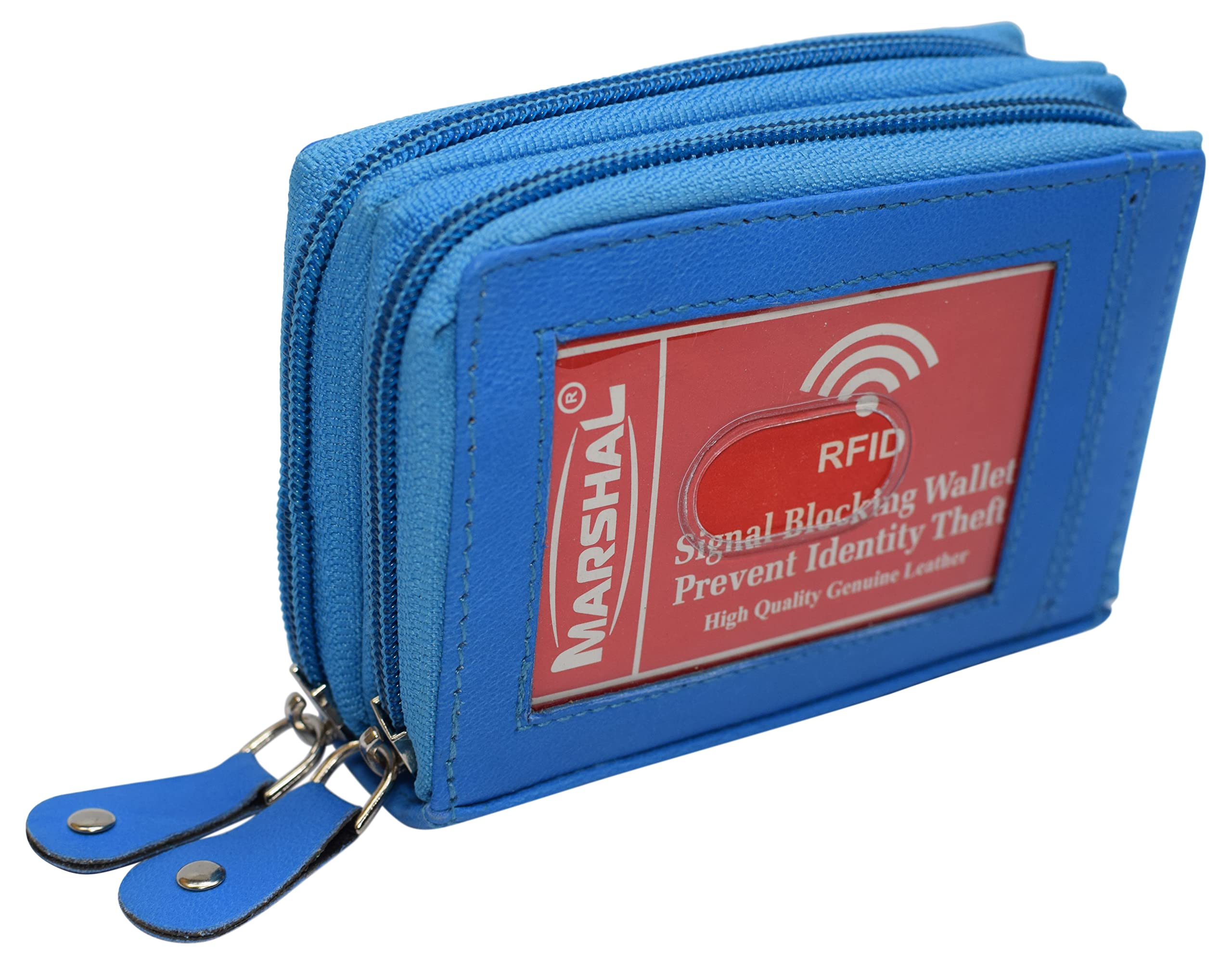 MARSHAL Genuine Leather RFID Identity Protected Double Zippered Accordion Wallet (Baby Blue)