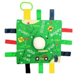 baby jack & co 10x10” golf sports lovey sensory plush blanket - tag toys for babies - baby stroller toys - learn shapes, letters & colors - perfect baby ball toy & baby sports gift