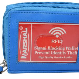 MARSHAL Genuine Leather RFID Identity Protected Double Zippered Accordion Wallet (Baby Blue)