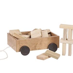 AmishToyBox.com Wooden Toddler Pull Wagon Toy with 24 Wood Building Blocks (Harvest Stain)