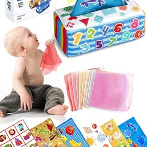 Lolakee Baby Tissue Box Magic Tissue Box Baby Toy Montesori Square Sensory Toys Pull Tissues Activities Gift with Soft Dance Scarves Juggling Scarfs for Toddler, Infants and Kids