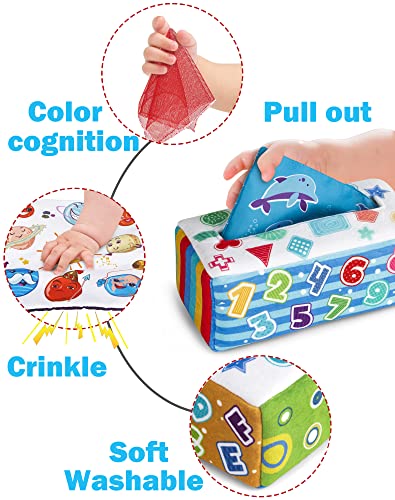 Lolakee Baby Tissue Box Magic Tissue Box Baby Toy Montesori Square Sensory Toys Pull Tissues Activities Gift with Soft Dance Scarves Juggling Scarfs for Toddler, Infants and Kids