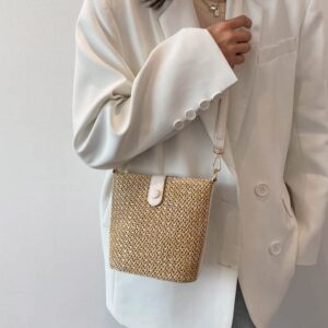 Gogobear Women Small Straw Crossbody Bag Summer Woven Bucket Bag Handmade Purse Clutch Bag for Travel Vacation,White