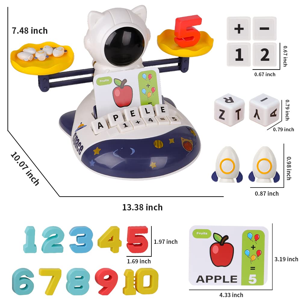 DAZZCOOL 3 in 1 Math Game Toys for Kids 3 4 5 6 7 Year Old, Preschool Learning Activities for Toddlers, Space Balance Learning Toys with Spelling Counting & Reading, Flash Cards Gifts for Boys Girls