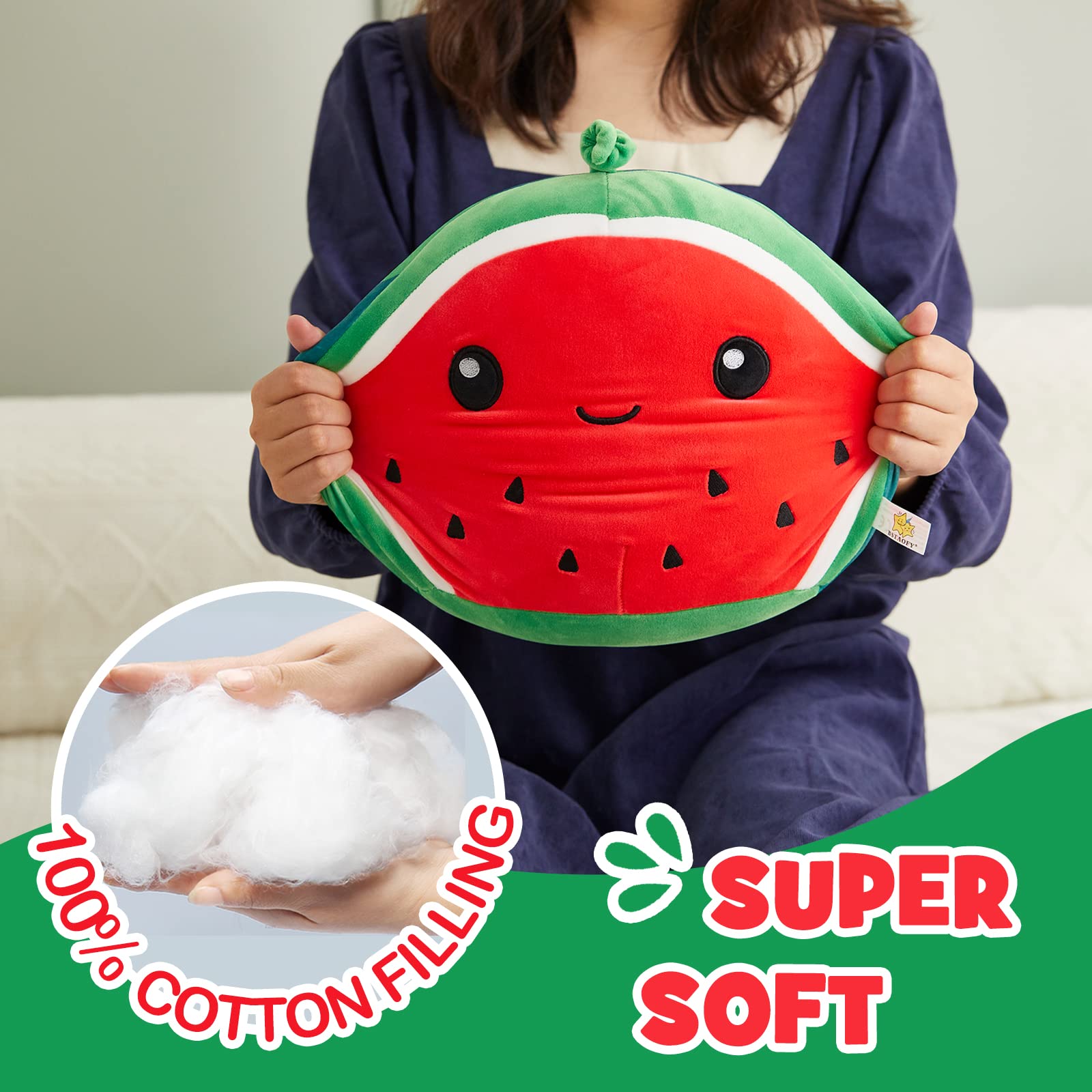 BSTAOFY Cute Watermelon Fruit Soft Plush Pillow Ultrasoft Squishy Animal Cushion Body Pillow Birthday Valentines Weekend Gifts for Toddler Kids Boys Girls, 12’’