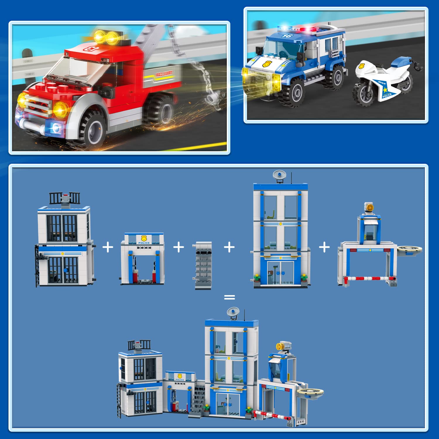 City Police Station Building Block Set with Police Car, Truck, Jail Cell, Motorcycle, and Surveillance Drone, Imaginative and Interactive Police Toy Gift for Kids and Boys Aged 6+ (979 Pieces)