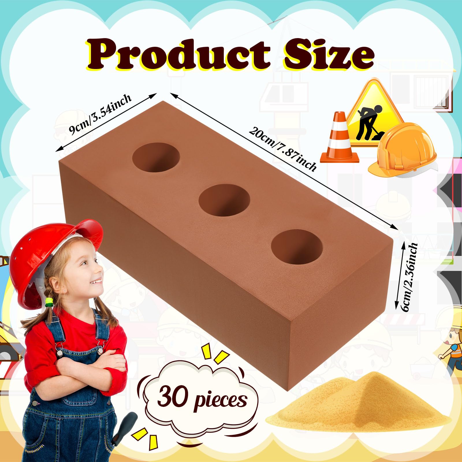 Deekin 30 Pcs Foam Brick Building Blocks for Kids Thick Cinder Blocks Foam Blocks Large Fake Brick Foam Construction Blocks Toy for Stacking Construction, 8 x 4 x 2.4 in(Circle Holes)